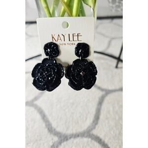 Kay Lee Black Beaded Flower Earrings New